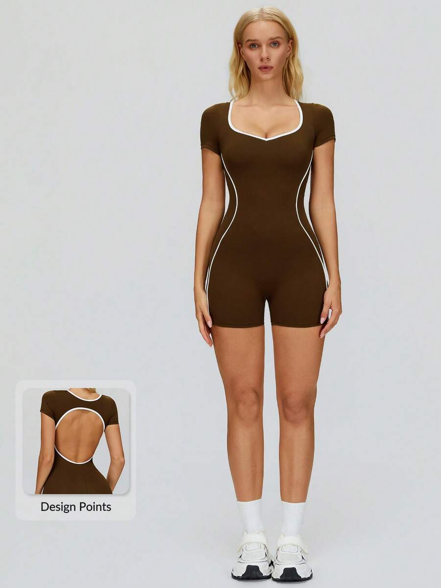 MASKERT High Stretch Women's Sports Jumpsuit, Fashionable Back, Tight Fitting Jumpsuit, Shaping Fitness Yoga Jumpsuit - Chocolate Brown - View 1