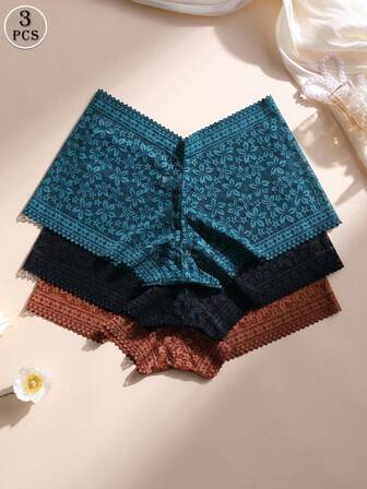 Conjunto de 3 piezas de pantalones cortos tipo bóxer de mujer con encaje en la cintura media - Bragas realzadoras de glúteos sexy, cómodas y elásticas, tipo culotte para uso diario y deportivo/yoga