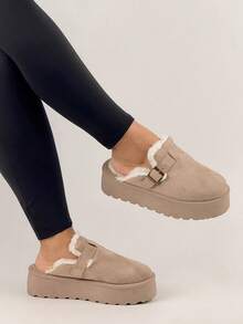 Women's Thick Sole Closed Toe Slippers With Retro Buckle, Warm Thermal Lined Mule Shoes For Winter - Khaki - View 2