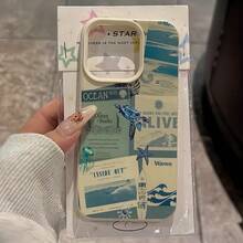 1个白色皮革纹理简约蓝色海龟与报纸海洋图案马赛克手机壳，兼容 16 Pro Max、17/16/15/14 Plus、13/12/11、Air系列，国际版，非国内版 - 彩色 - 查看 2