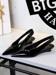 Retro Low Heel Women Shoes, Pointed Toe Low Vamp Wedge Heel Backless Strap Ladies Party Shoes