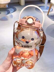 可爱泰迪熊造型儿童水杯，1000毫升（34盎司）大容量防漏水瓶，带吸管，单手即可轻松打开瓶盖，塑料材质，适合儿童、学校、户外活动