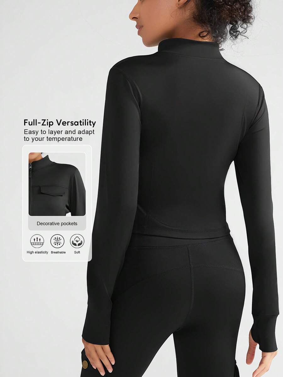 Sodalemon 女士运动健身外套，拉链，拇指孔，瑜伽运动服，户外休闲健身房弹力运动外套 - 黑色 - 查看 1