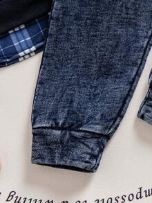 两件套幼儿男童POLO领格子二合一小熊印花长袖上衣和松紧腰牛仔裤 - 寶藍色 - 查看 7