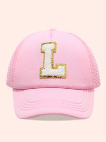 1顶儿童粉色26字母网眼棒球帽，男女通用幼儿遮阳帽，适合户外活动和日常佩戴，防紫外线 - 金標-粉海綿帽 - 查看 58