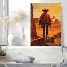 2D Flat Printing, 1pc, A Cowboy In A Red Poncho Standing On A Rocky Cliff, Carrying A Guitar Slung Over Their Shoulder, Overlooking An Orange Desert Landscape With Rock Formations Under A Warm Sunset Sky, Canvas Wall Art For Living Room, Bathroom Wall Art Bedroom Framed Wall Art Poster Art Prints Ready To Hang Pictures Home Decorations Wall Decor For Office - Multicolor - View 2