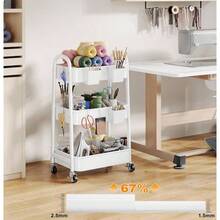 3 Tier Rolling Cart Metal With Wheels, Heavy Duty White Three Tiered Cart Organizer On Wheels, Utility Roller Storage Carts Art, Nursery, Diaper Caddy, Snack, Book, Nail, Cleaning Supplies - Pure White + 3 Tier+Cups+Hooks - View 10