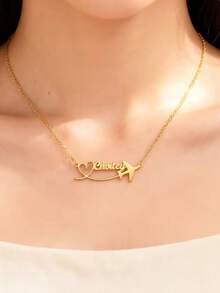 A Custom-Made Heart-Shaped Airplane Necklace With Your Name On It; A Stylish And Personalized Nameplate Heart-Shaped Airplane Choker; Made Of Gold-Plated Stainless Steel Jewelry; A Casual Vacation Accessory; A Classic And Valentine's Day Clavicle Chain; A Birthday Gift For Mom. - Multicolor - View 3