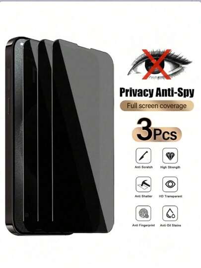 BOLLYMORE 3pcs Anti-Spy Tempered Glass Screen Protector, Suitable Compatible With Apple Devices, Anti-Scratch, Anti-Collision, Oleophobic Coating, Smooth Touch, Applicable To Apple X/XR/11/12/13/14/15/16/16Plus/16Pro/16ProMax/16e/17/17 Air/17 Pro/17 Pro Max Series, Essential Screen Protection, Suitable For Daily Protection