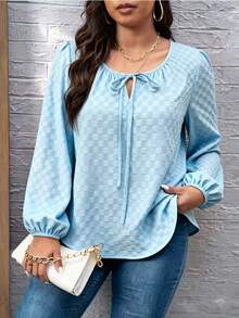 1pc Solid Color Woven Fabric Twist Front Plus Size Women Blouse Top, Suitable For Vacation, Office, Daily Wear, Spring/Summer - Blue - View 2
