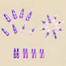 A Box Of 24 Long Manicure Patches, Super Shiny Purple Manicure Flowers, Smudged Purple Sky Manicure Patches - 紫色 - 查看 2