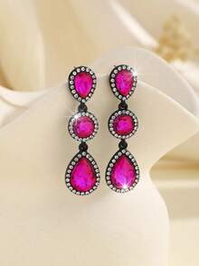1 Pair Bohemian Alloy Rhinestone Decorated Fashion Versatile Earrings - Hot Pink - View 3