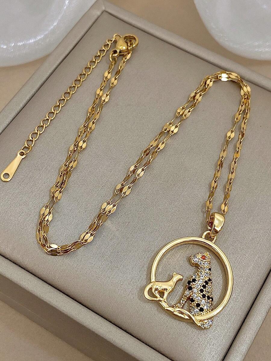 Shiny Gold Textured Chain Necklace With Cheetah & Cub Pendant - Crystal-Encrusted Design, Playful Animal Jewelry For Daily Casual Stylish Looks, , Valentine's Day Gift - Multicolor - View 1
