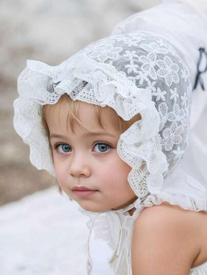 1顶复古蕾丝花朵刺绣宫廷风婴儿帽，新生儿保暖帽，米色