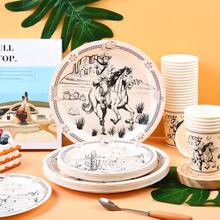 Western Cowboy Black & White Disposable Tableware Set, 7/9 Inch Party Plates, Disposable Paper Plates And Cups Suitable For Holidays, Weddings, Engagements, Birthdays, Parties, Celebrations - Multicolor - View 4