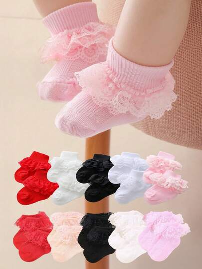 10/5/1 par de calcetines cortos para niñas con decoración de encaje, transpirables y adecuados para uso diario. Calcetines de princesa aptos para niñas de 0 a 3 años, cómodos y transpirables para el verano, perfectos para combinar con vestidos.