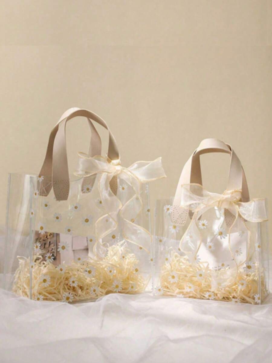 2 Packs Transparent Handheld Gift Bags, Ins-Style Birthday Gift Boxes With High-End Feel, Small Daisies Gift Bags, Handheld Gift Bags, Candy Boxes, Transparent Gift Boxes, Wedding Gift Bags (1 Large + 1 Small), No Ribbon Included - Multicolor - View 1