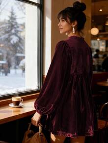 Women's Velvet Lace Dress A Line Pleated Swing Babydoll Mini Dress With Scallop Neck Flared Hem For Wedding Guest And Bridal Shower - Màu Đỏ Sâu - Xem 4
