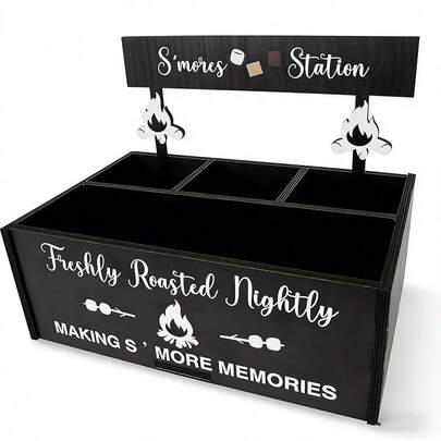 1个黑色木质棉花糖烘焙架收纳盒 - 4格棉花糖烘焙零食盒，乡村风格露营/厨房台面收纳，节日后院派对装饰及活动用品