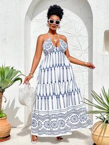 BIUBIU Vestito lungo da donna con scollo ad aletta e schiena scoperta, in tessuto intrecciato, adatto per vacanze e spiaggia, taglie comode - Blu e Bianco - Visualizzare 2
