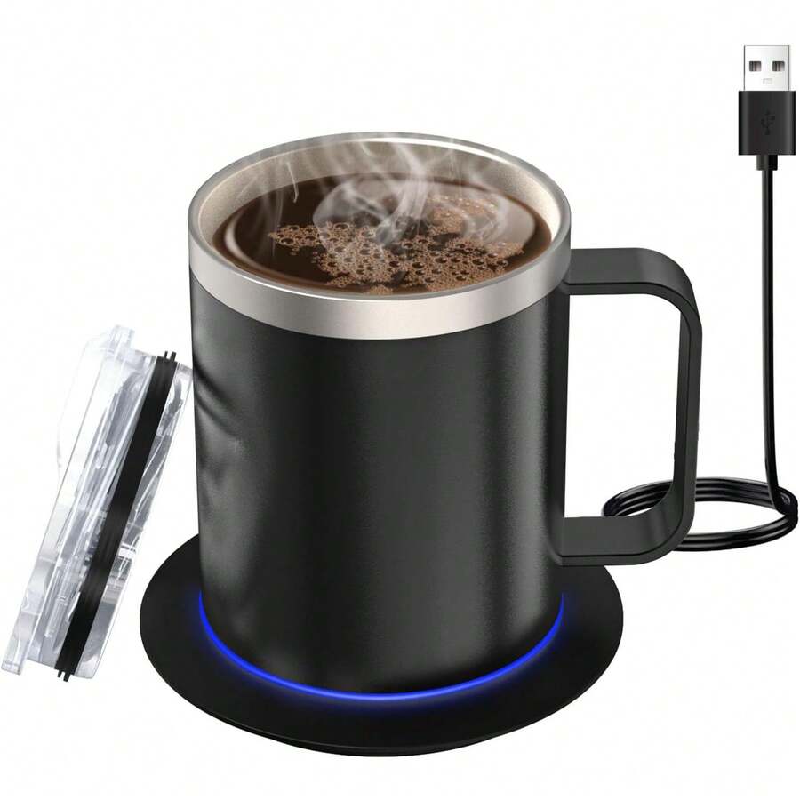 Calentador de taza de café con taza y tapa, capa de temperatura constante inteligente de calor automático, grado alimenticio, aislamiento térmico de acero inoxidable 304, para escritorio, hogar y - 1 - Ver 1
