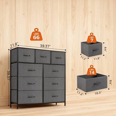9 Drawer Fabric Dresser Tall Chest Storage Organizer Tower With Cabinet Metal Frame And Wood Top Lightweight Nursery Closet Furniture For Bedroom,Charcoal Grey