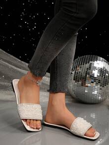 大码女士时尚套脚凉鞋，米色方头平底拖鞋，珍珠装饰，舒适休闲波西米亚风沙滩拖鞋，夏季必备 - 米色 - 查看 8