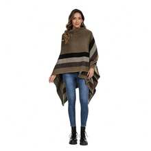 Shawl Wraps For Women, Elegant Knitted Cape Open Front Poncho Scarf Blanket Cardigan Coat For Spring, Autumn, And Winter,KhakiGrayBlack - 卡其灰黑色 - 查看 5