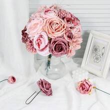[Free Shipping]Artificial Flowers Combo Dusty Pink Roses With Stems Bouquets Bridal Wedding Shower Decorations Fake Floral For Party Table Centerpieces Home Decor - 復古粉 - 查看 9