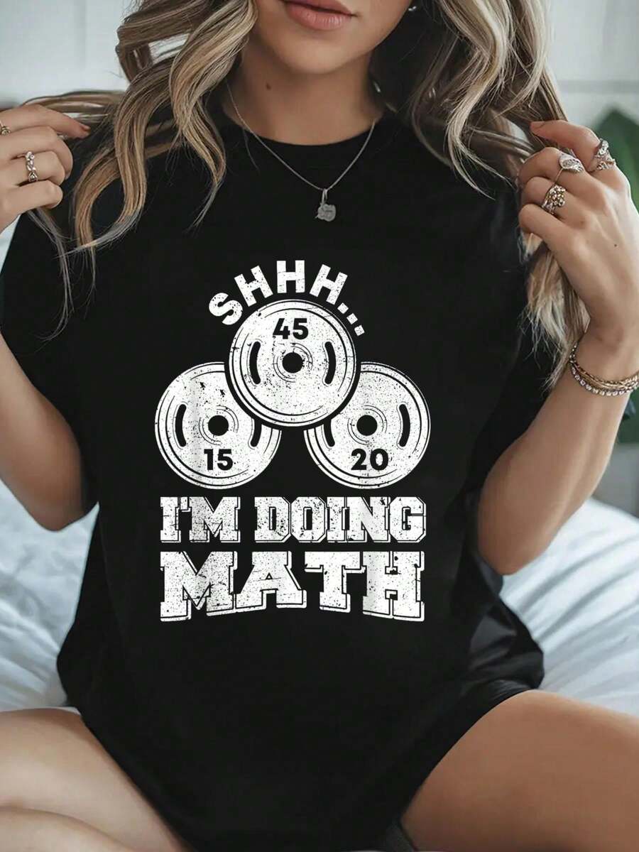 100% Algodón Shhh Estoy haciendo matemáticas Camiseta divertida de levantamiento de pesas Entrenamiento Camiseta de algodón para el verano, Top de manga corta suave para mujeres, Camiseta cómoda y elegante para mujeres Camisetas gráficas - Negro - Ver 1