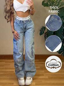 NVFelix 女士Y2K工装牛仔裤，宽松直筒牛仔裤，多口袋设计