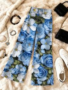 Women'S High-Waisted Stretch Imitation Faux Denim Jeans - Blue Floral Print Wide-Leg Pants With Beltless Design, All-Season & Button Closure, Plus Size Friendly Retro Vintage Style For Casual & Semi-Formal Outfits (Green Leaf Pattern - Nhiều màu - Xem 4