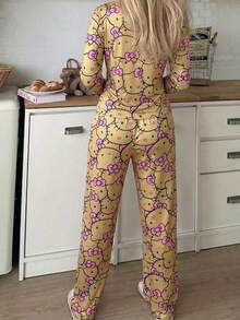 SANRIO 2 piezas Conjunto de pijama de mujer Hello Kitty, con top de manga larga y pantalones, lindo, colorido y de moda, adecuado para primavera y otoño - Amarillo - Ver 5