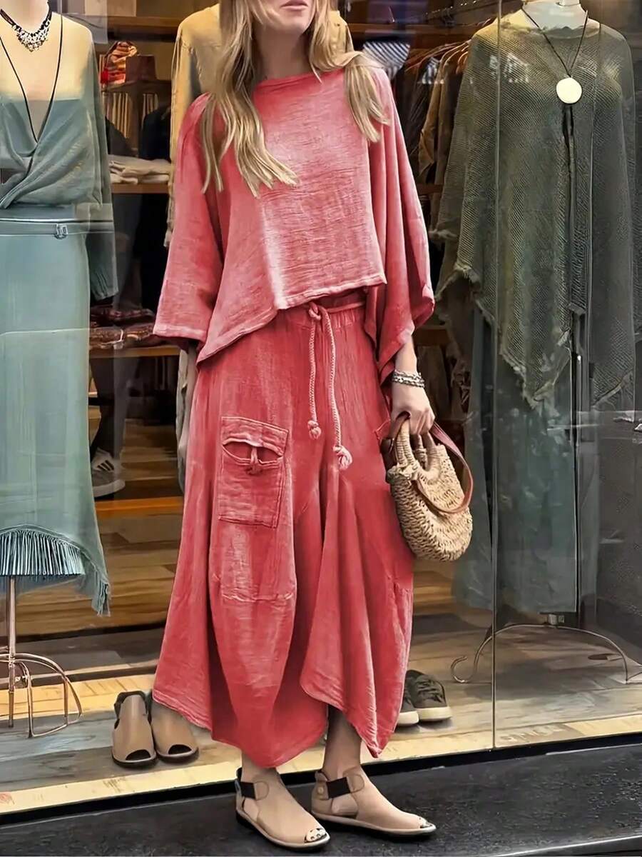 Women's Autumn Outfit 2-Piece Set Oversized Batwing Long Sleeve Pullover Casual Irregular Dress Set With Pockets Y2K Style - 紅色 - 查看 1