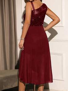 Plus Size Women's Sequin Wrap Sleeveless High Waist A-Line Midi Dress, Short Front Long Back Party Gown Wedding Spring - Burgundy - View 3