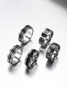 5件套不锈钢银色和黑色罗马浮雕戒指套装，适合男士日常佩戴
