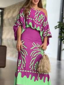 ChicMe Bộ đồ hai mảnh cho nữ, họa tiết nhiệt đới: áo tay phồng hở vai, eo cao co giãn và chân váy maxi đuôi cá, thích hợp cho kỳ nghỉ hè, khu nghỉ dưỡng, mùa xuân. - Màu tím - Xem 6