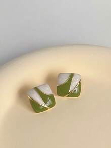 1 Pair Minimalist Green Geometric Stud Earrings, Simple & Versatile Square Earrings, Elegant Office/Commute Accessory - Gold - View 3