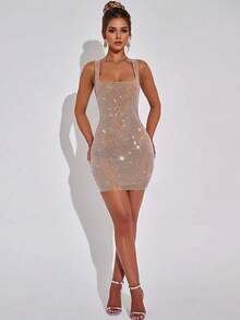 时尚水钻纯色露背吊带性感无袖连衣裙，适合生日派对、婚礼等春季场合。 - 金色 - 查看 1