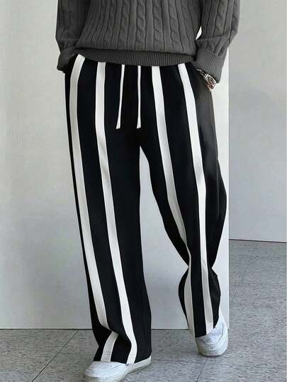 Nuevos pantalones de chándal de rayas verticales en blanco y negro, con cordón y cintura elástica, estilo y suelto, pantalones casuales retro para uso diario
