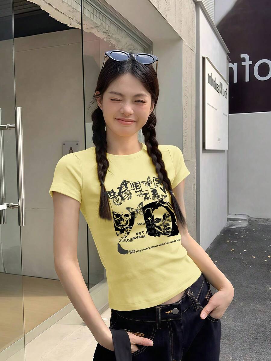 浅黄色修身圆领短袖T恤,女士夏季款,美式时尚,百搭复古休闲风 - 嫩黃色 - 查看 1