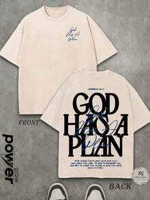 Jesus Tee God Has A Plan Graphic Tee Double-Sided Print Washed T-Shirt Holiday Gifts Y2K Men's Graphic Tees, 230G Cotton T - Shirts,100% Pure Cotton - 杏色 - 查看 6