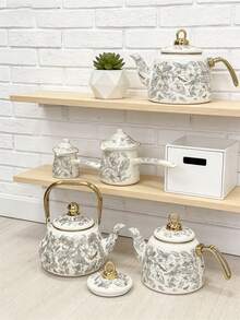 1 Set Cafetera y Gotero de Café de Estilo Nórdico en Gris Esmalte - Tetera/Olla de Agua/Olla de Leche/Tetera de Té de Frutas Multifuncional para Todas las Estaciones, Apta para Calentamiento Directo en la Estufa, Regalo Ideal para Amigos y Familia - Flores de fondo blanco - Ver 7