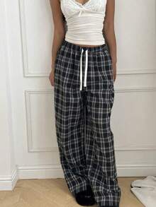 女士格子高腰抽绳阔腿裤，宽松版型，适合户外穿着，春夏秋季皆宜 - 黑與白 - 查看 5