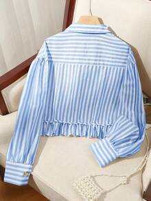 Vintage Striped Button Pocket Long Sleeve Pleated Hem Shirt, Elegant For Vacation, Spring/Autumn - Light Wash - View 2