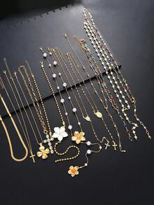 17KM 8pcs/4pcs/3pcs Fashion Simple Vintage Coin, Faux Pearl, Faux Shell, Flower, Heart Multi-Element Pendant Necklace Set, Y-Necklace, Multi-Layer Necklace For Women, Couples, Sisters, Vacation, Date, Daily, Party, Wedding, Valentine's Day Gift For Girlfriend, Friends - Multicolor - View 4