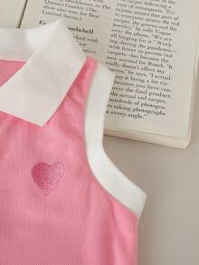 2pcs/Set Baby Girls Cute Heart Embroidery Polo Collar Sleeveless Dress, Summer - Multicolor - View 5