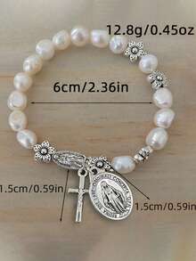 1 件仿珍珠串珠花朵十字架圣母玛利亚手链，复古风格，适合男女，日常佩戴珠宝礼物 - 彩色 - 查看 6