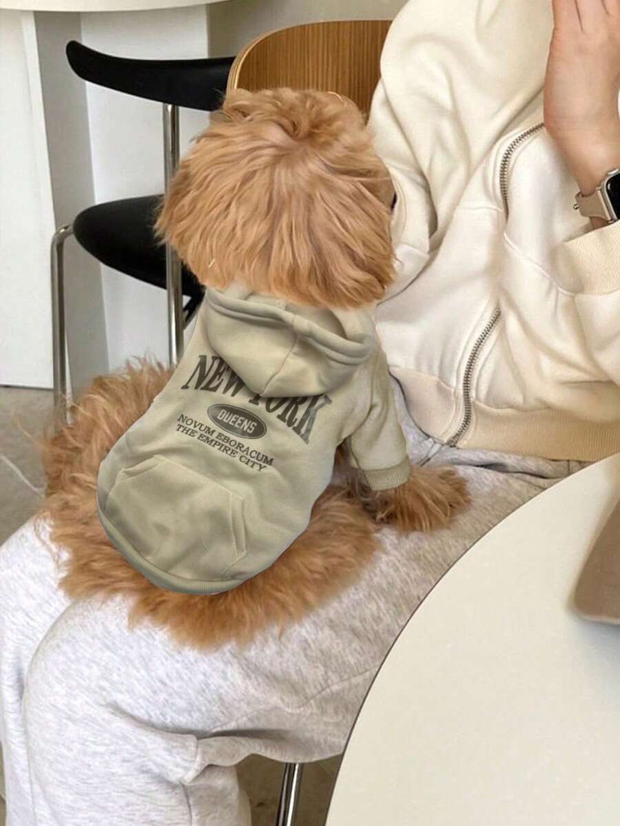 狗狗印花连帽卫衣，适合吉娃娃等小型和中型犬的保暖服装，幼犬和幼猫服装 - 卡其色 - 查看 1