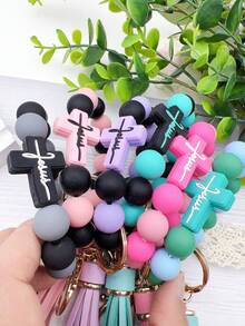 1pc Silicone Beaded Bracelet Keychain, Creative Wristband Keyring Accessory, Ideal Gift For Friends, Siblings, Women, Mothers, Suitable For Daily Outfit, Car Decor, Backpack Accessory, ID Lanyard, Etc. - Multicolor - View 6